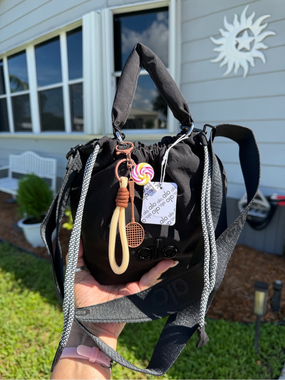 ALO Yoga Black Drawstring Mini Bucket Bag with Candy Charm - Picture 10 of 16